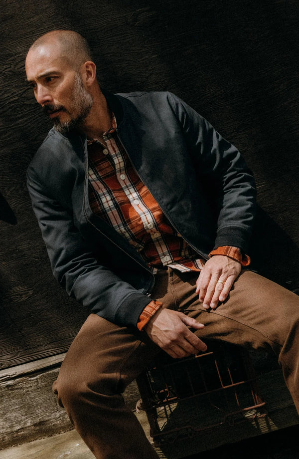 The Insulated Bomber Jacket
in Dark Navy Dry Wax