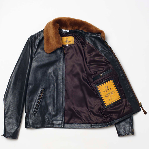 “Varenne” Fur Collar Black Leather Jacket