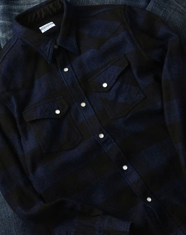 FN-SNW-101LSP - Block Check Flannel Western Shirt - Indigo