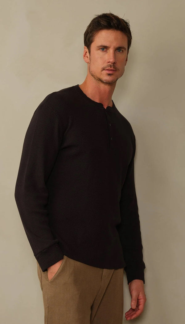 Crosby Organic Cotton Waffle Henley - Black