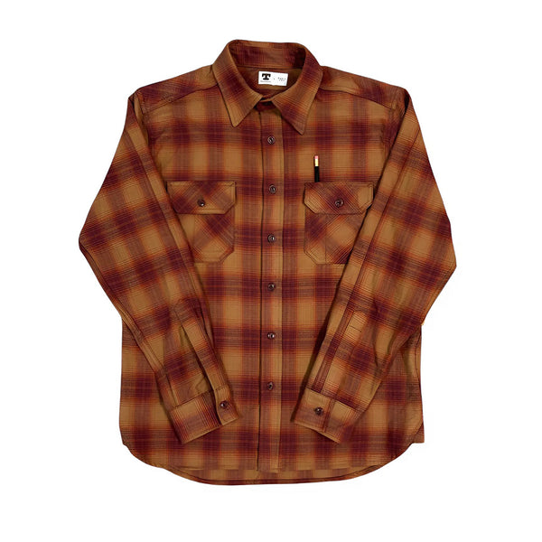 CLAMPDOWN Burgundy Gold Plaid Flannel Shirt Iron Pyrite Production CLAMPDOWN Burgundy Gold Plaid Flannel Shirt Iron Pyrite Production