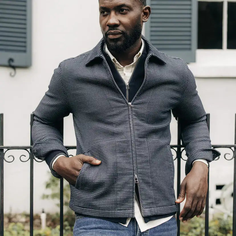 The Cavern Jacket in Navy Dobby Grid – Iron Pyrite Production The Cavern Jacket in Navy Dobby Grid – Iron Pyrite Production